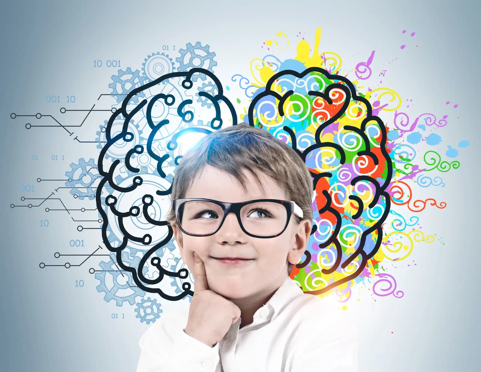 A young boy in glasses, a brain drawn behind him — gears on one side, colour on the other